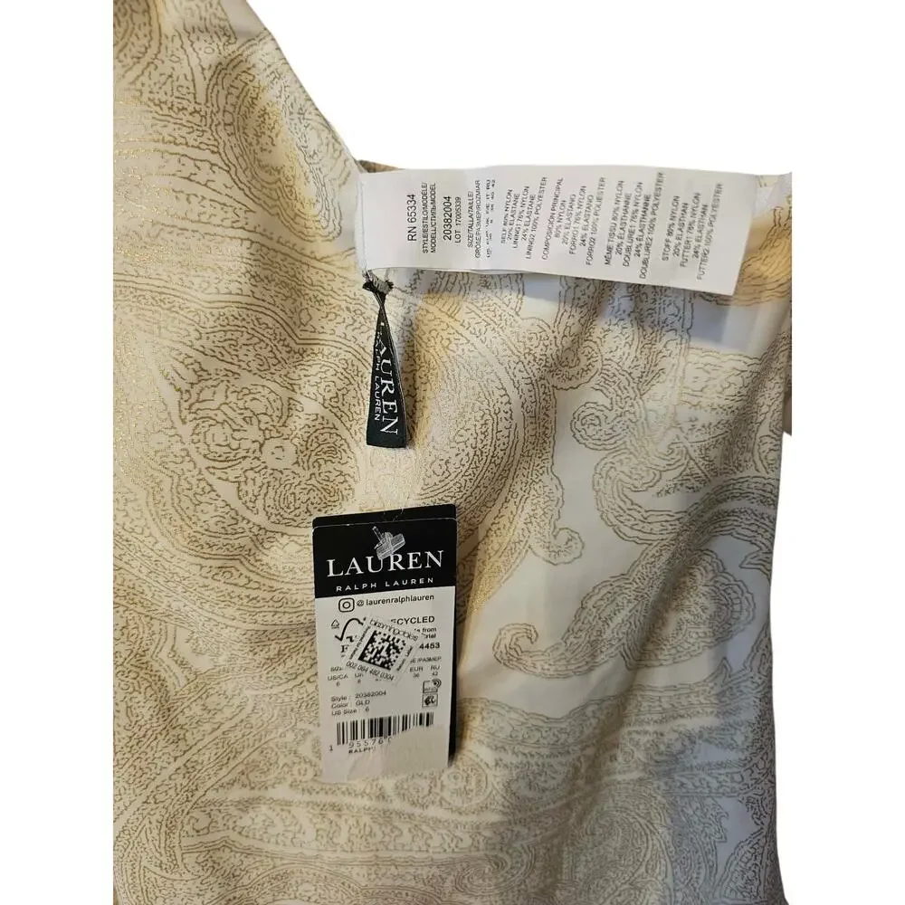 Lauren Ralph Lauren Gold Paisley One-Shoulder Swimsuit, Size 6, NWT